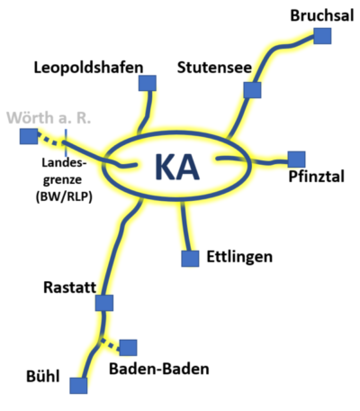 Schematische Darstellung möglicher Radschnellwege in der Region Karlsruhe